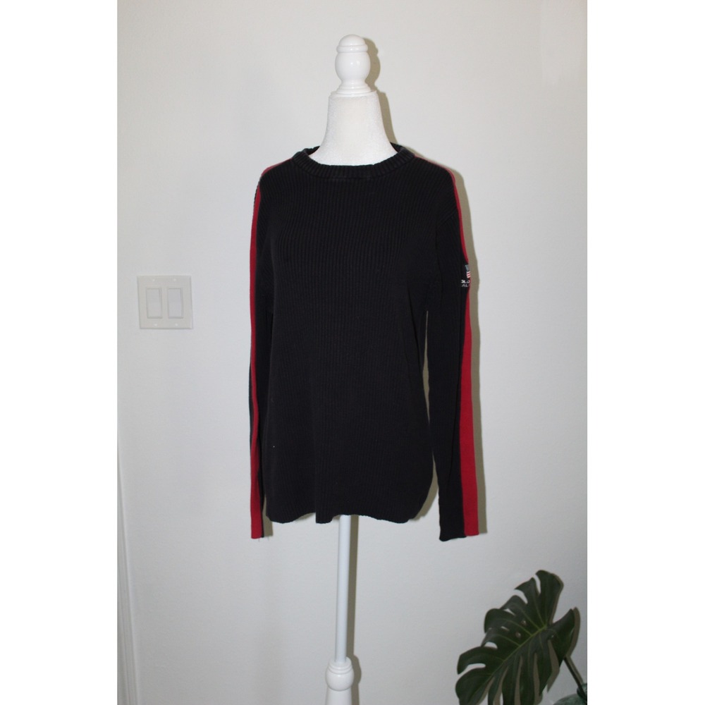 VTG Ralph Lauren Polo Jeans Co Black Red Stripe Ribbed Cotton Sweater Mens M